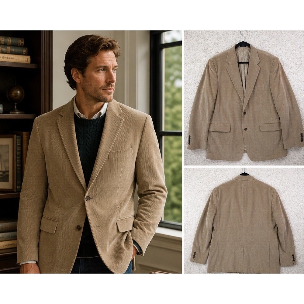 Stafford Corduroy Blazer Men 46R Tan Beige Excellent Cotton Sport Coat Jacket